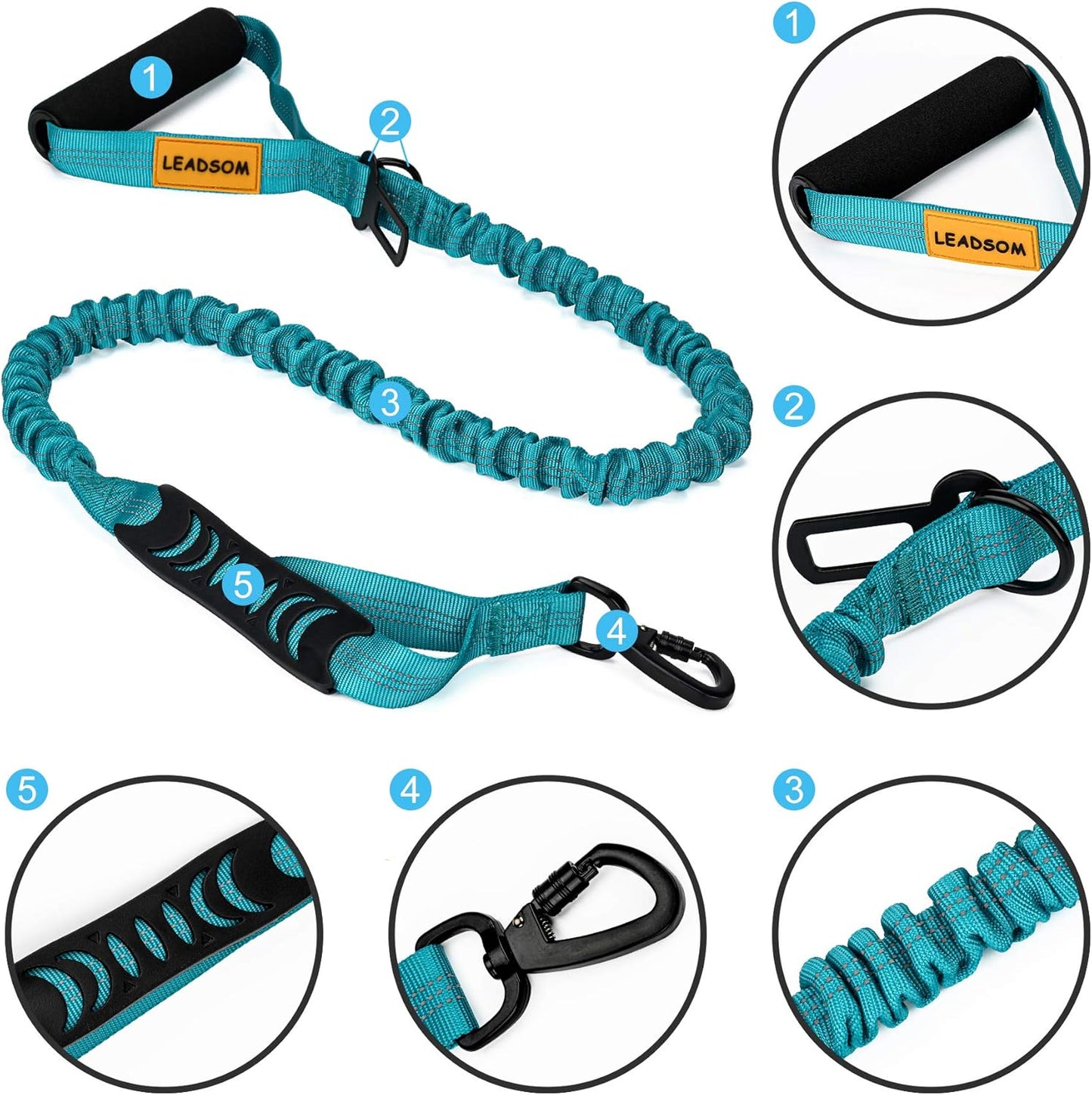 6FT Heavy Duty Elastic Large Dog Leash Shock Absorbing with Comfortable Padded Handle and Traffic Handle Suitable for Training