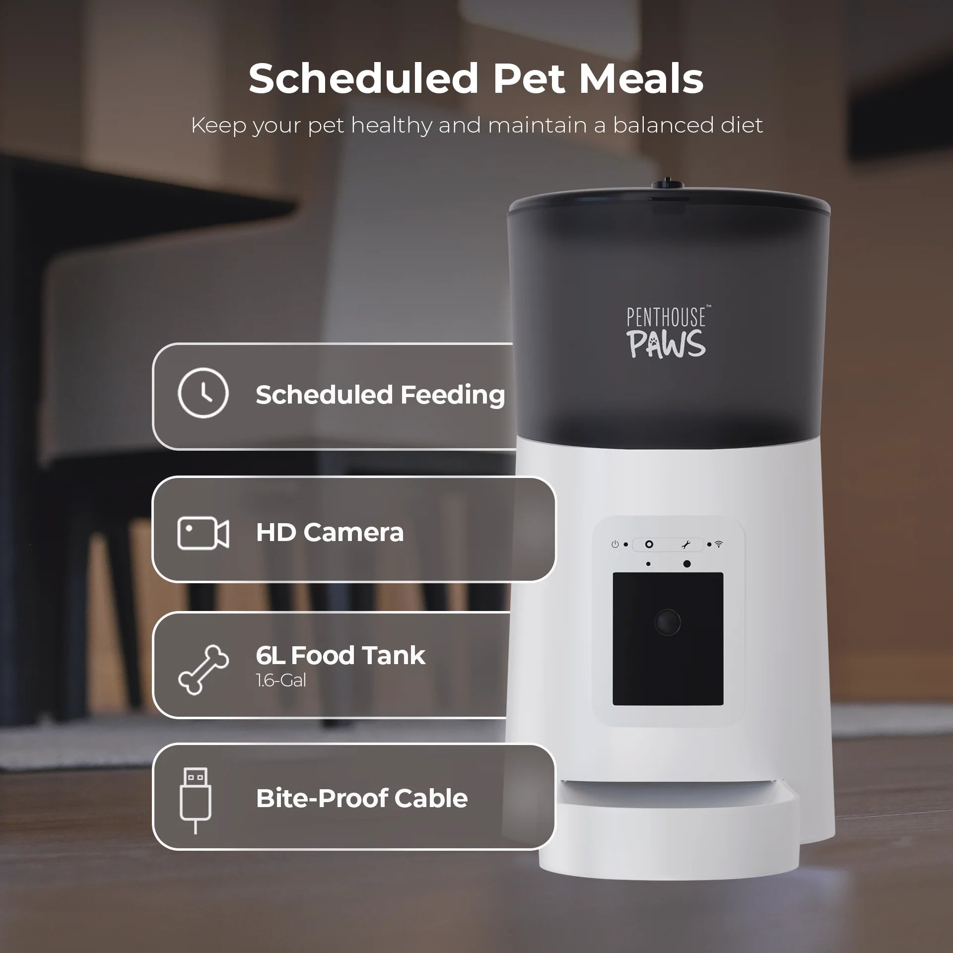 Penthouse Paws Smart HD Automatic Pet Feeder with 6L Capacity, 1080P Camera, Two-Way Audio, Scheduled Feeding, Backup Power, Easy-Clean Design, and Anti-Jam Feature for Cats and Dogs - White