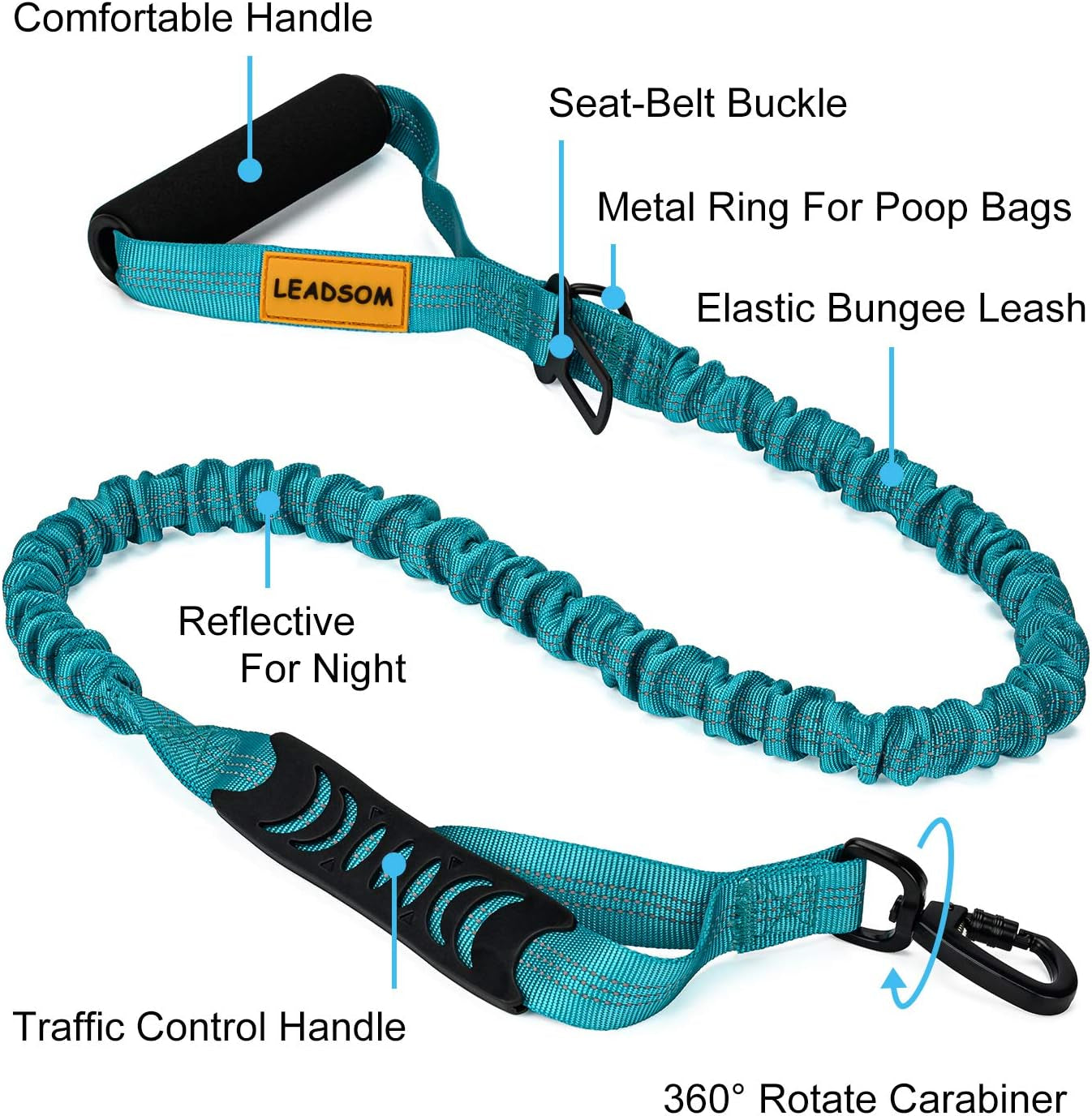 6FT Heavy Duty Elastic Large Dog Leash Shock Absorbing with Comfortable Padded Handle and Traffic Handle Suitable for Training
