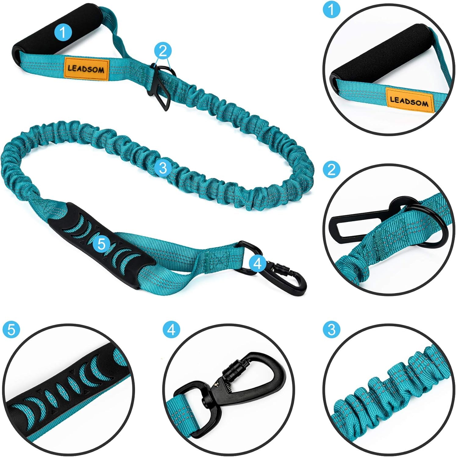 6FT Heavy Duty Elastic Large Dog Leash Shock Absorbing with Comfortable Padded Handle and Traffic Handle Suitable for Training