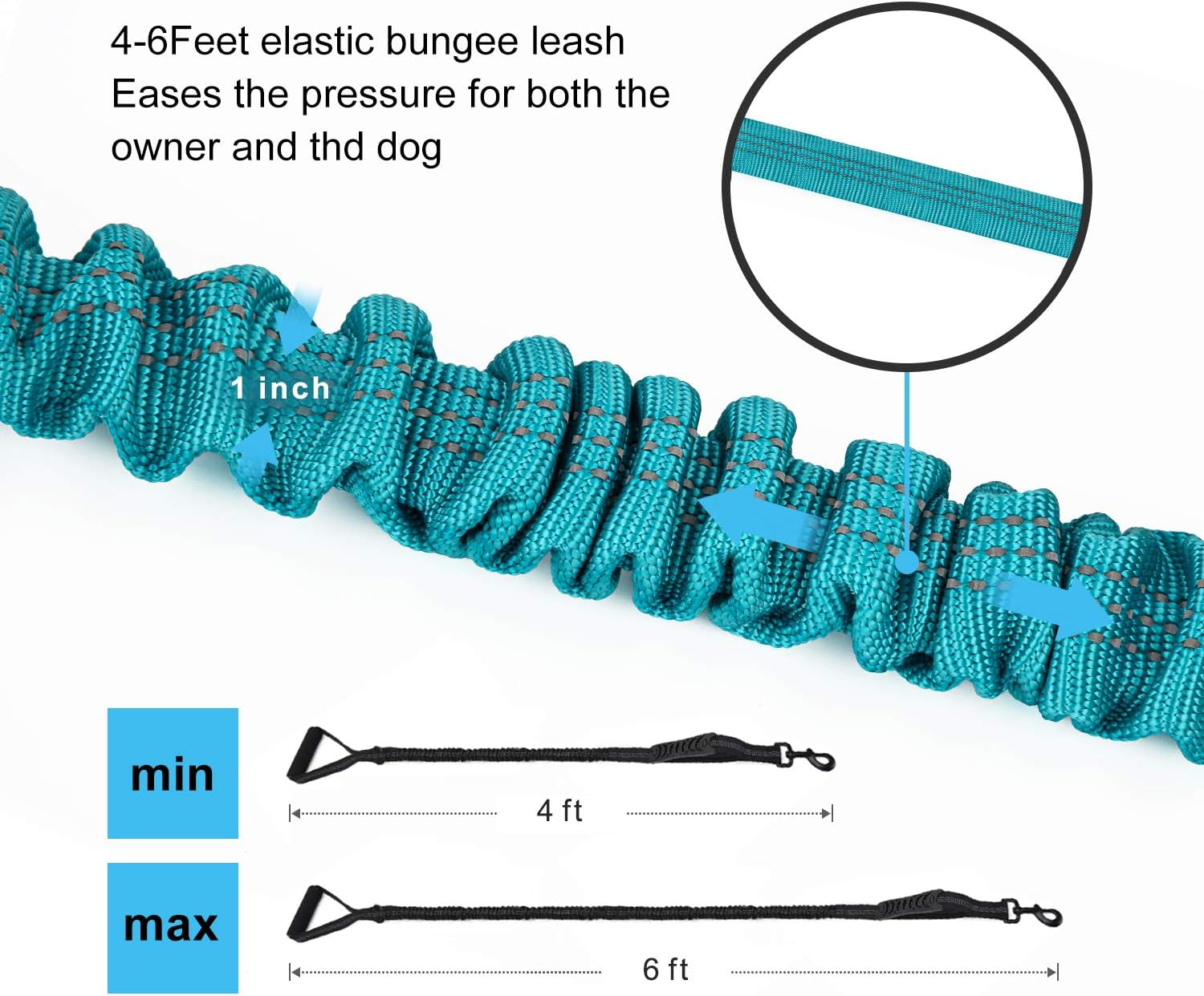 6FT Heavy Duty Elastic Large Dog Leash Shock Absorbing with Comfortable Padded Handle and Traffic Handle Suitable for Training