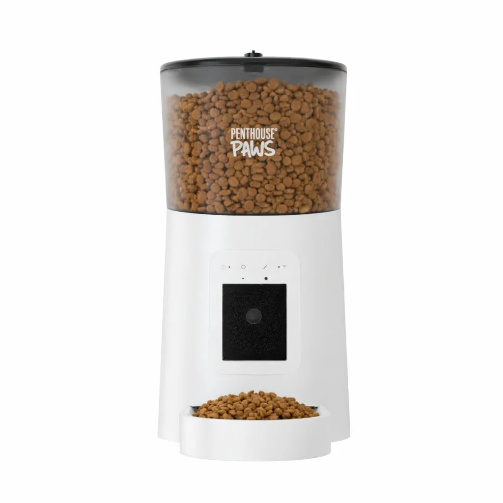 Penthouse Paws Smart HD Automatic Pet Feeder with 6L Capacity, 1080P Camera, Two-Way Audio, Scheduled Feeding, Backup Power, Easy-Clean Design, and Anti-Jam Feature for Cats and Dogs - White